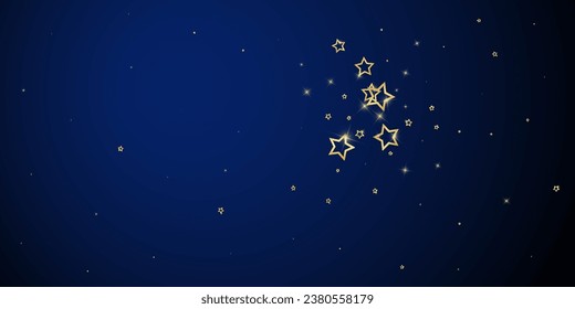 Twinkle stars scattered around randomly, flying, falling down, floating.  Christmas celebration concept. Festive stars vector illustration on dark blue background.