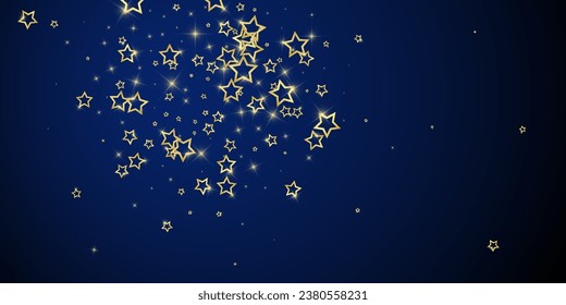 Estrellas de remolinos esparcidas al azar, volando, cayendo, flotando.  concepto de celebración de Navidad. Ilustración vectorial de estrellas festivas sobre fondo azul oscuro.