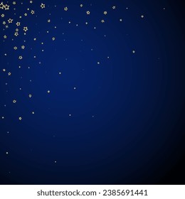 Twinkle stars scattered around randomly, flying, falling down, floating.  Christmas celebration concept. Festive stars vector illustration on dark blue background.