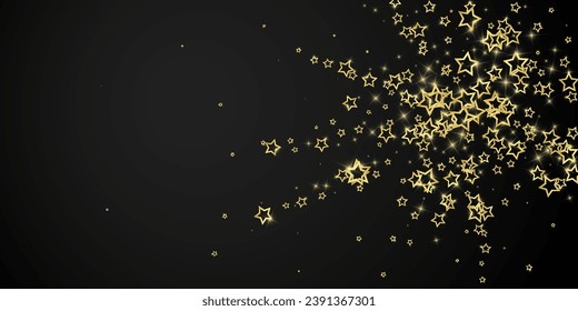 Twinkle stars scattered around randomly, flying, falling down, floating.  Christmas celebration concept. Festive stars vector illustration on black background.