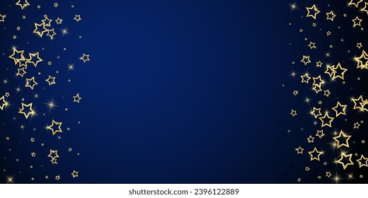 Twinkle stars scattered around randomly, flying, falling down, floating.  Christmas celebration concept. Festive stars vector illustration on dark blue background.
