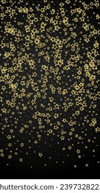 Estrellas de remolinos esparcidas al azar, volando, cayendo, flotando.  concepto de celebración de Navidad. Ilustración vectorial de estrellas festivas sobre fondo negro.