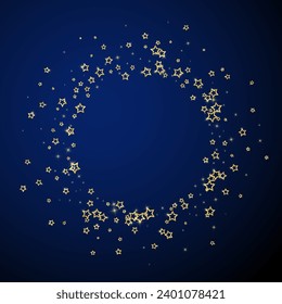 Twinkle stars scattered around randomly, flying, falling down, floating.  Christmas celebration concept. Festive stars vector illustration on dark blue background.