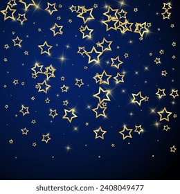 Twinkle stars scattered around randomly, flying, falling down, floating.  Christmas celebration concept. Festive stars vector illustration on dark blue background.