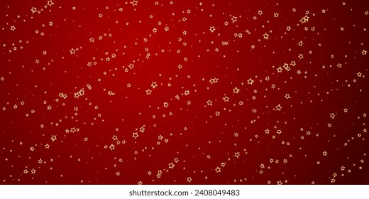 Twinkle stars scattered around randomly, flying, falling down, floating.  Christmas celebration concept. Festive stars vector illustration on red background.