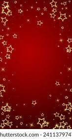 Twinkle stars scattered around randomly, flying, falling down, floating.  Christmas celebration concept. Festive stars vector illustration on red background.