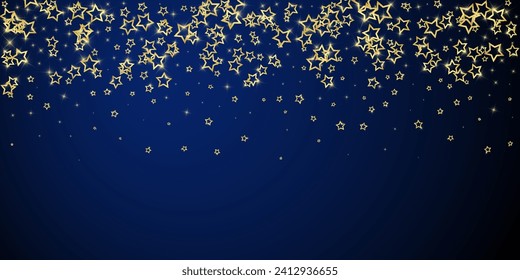 Twinkle stars scattered around randomly, flying, falling down, floating.  Christmas celebration concept. Festive stars vector illustration on dark blue background.