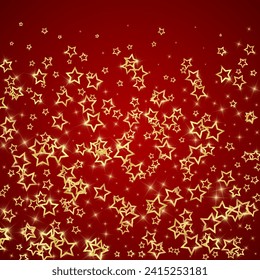 Twinkle stars scattered around randomly, flying, falling down, floating.  Christmas celebration concept. Festive stars vector illustration on red background.