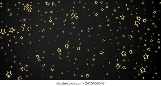 Twinkle stars scattered around randomly, flying, falling down, floating.  Christmas celebration concept. Festive stars vector illustration on black background.