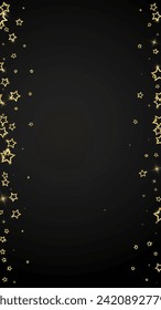 Twinkle stars scattered around randomly, flying, falling down, floating.  Christmas celebration concept. Festive stars vector illustration on black background.