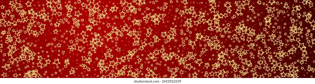Twinkle stars scattered around randomly, flying, falling down, floating.  Christmas celebration concept. Festive stars vector illustration on red background.