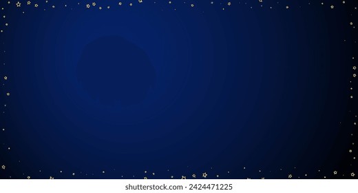 Twinkle stars scattered around randomly, flying, falling down, floating.  Christmas celebration concept. Festive stars vector illustration on dark blue background.