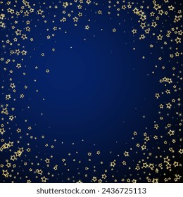 Twinkle stars scattered around randomly, flying, falling down, floating.  Christmas celebration concept. Festive stars vector illustration on dark blue background.