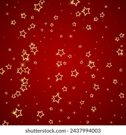 Twinkle stars scattered around randomly, flying, falling down, floating.  Christmas celebration concept. Festive stars vector illustration on red background.