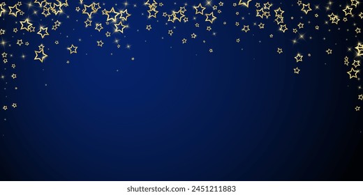 Twinkle stars scattered around randomly, flying, falling down, floating.  Christmas celebration concept. Festive stars vector illustration on dark blue background.