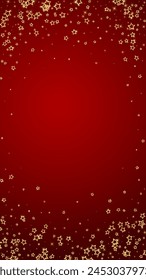 Twinkle stars scattered around randomly, flying, falling down, floating.  Christmas celebration concept. Festive stars vector illustration on red background.