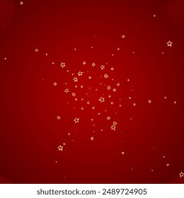 Twinkle stars scattered around randomly, flying, falling down, floating.  Christmas celebration concept. Festive stars vector illustration on red background.