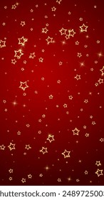 Twinkle stars scattered around randomly, flying, falling down, floating.  Christmas celebration concept. Festive stars vector illustration on red background.