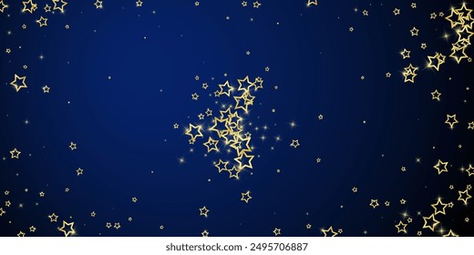 Twinkle stars scattered around randomly, flying, falling down, floating.  Christmas celebration concept. Festive stars vector illustration on dark blue background.
