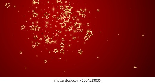 Twinkle stars scattered around randomly, flying, falling down, floating.  Christmas celebration concept. Festive stars vector illustration on red background.