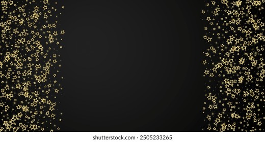 Twinkle stars scattered around randomly, flying, falling down, floating.  Christmas celebration concept. Festive stars vector illustration on black background.