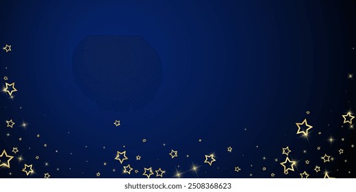 Twinkle stars scattered around randomly, flying, falling down, floating.  Christmas celebration concept. Festive stars vector illustration on dark blue background.