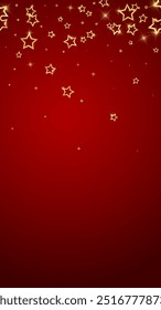 Twinkle stars scattered around randomly, flying, falling down, floating.  Christmas celebration concept. Festive stars vector illustration on red background.