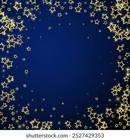 Twinkle stars scattered around randomly, flying, falling down, floating.  Christmas celebration concept. Festive stars vector illustration on dark blue background.