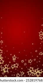 Twinkle stars scattered around randomly, flying, falling down, floating.  Christmas celebration concept. Festive stars vector illustration on red background.