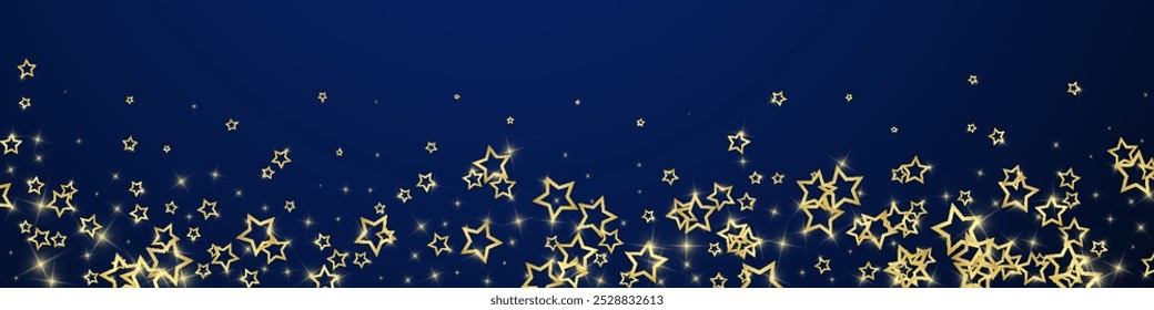 Twinkle stars scattered around randomly, flying, falling down, floating.  Christmas celebration concept. Festive stars vector illustration on dark blue background.