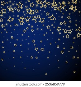 Twinkle stars scattered around randomly, flying, falling down, floating.  Christmas celebration concept. Festive stars vector illustration on dark blue background.