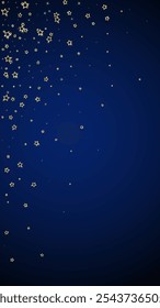 Twinkle stars scattered around randomly, flying, falling down, floating.  Christmas celebration concept. Festive stars vector illustration on dark blue background.