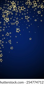 Twinkle stars scattered around randomly, flying, falling down, floating.  Christmas celebration concept. Festive stars vector illustration on dark blue background.