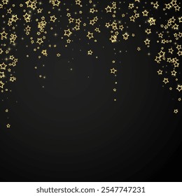 Twinkle stars scattered around randomly, flying, falling down, floating.  Christmas celebration concept. Festive stars vector illustration on black background.