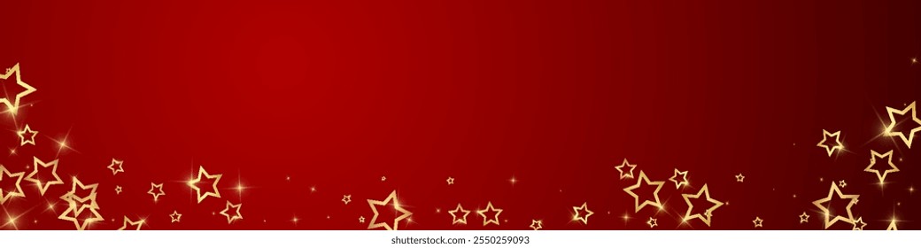 Estrellas centelleantes esparcidas al azar, volando, cayendo, flotando.  Concepto de celebración de Navidad. Ilustración vectorial de estrellas festivas sobre fondo rojo.