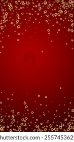 Twinkle stars scattered around randomly, flying, falling down, floating.  Christmas celebration concept. Festive stars vector illustration on red background.