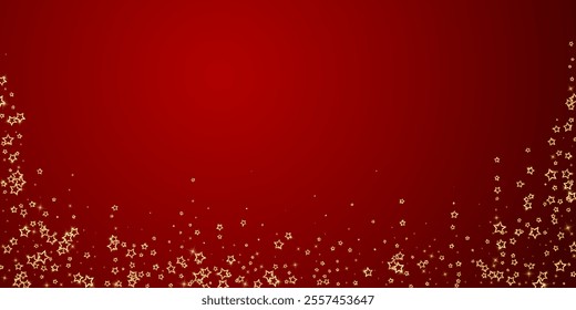 Twinkle stars scattered around randomly, flying, falling down, floating.  Christmas celebration concept. Festive stars vector illustration on red background.