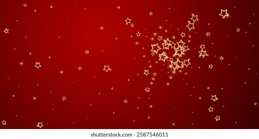 Twinkle stars scattered around randomly, flying, falling down, floating.  Christmas celebration concept. Festive stars vector illustration on red background.