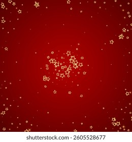 Twinkle stars scattered around randomly, flying, falling down, floating.  Christmas celebration concept. Festive stars vector illustration on red background.