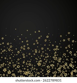 Twinkle stars scattered around randomly, flying, falling down, floating.  Christmas celebration concept. Festive stars vector illustration on black background.