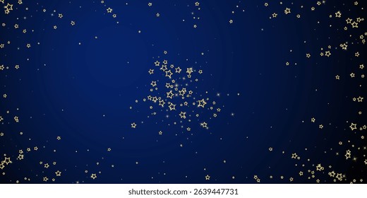 Twinkle stars scattered around randomly, flying, falling down, floating.  Christmas celebration concept. Festive stars vector illustration on dark blue background.