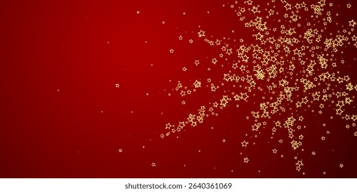 Twinkle stars scattered around randomly, flying, falling down, floating.  Christmas celebration concept. Festive stars vector illustration on red background.