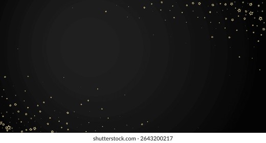 Estrellas centelleantes esparcidas al azar, volando, cayendo, flotando.  Concepto de celebración de Navidad. Ilustración vectorial de estrellas festivas sobre fondo negro.