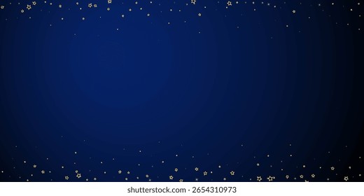 Twinkle stars scattered around randomly, flying, falling down, floating.  Christmas celebration concept. Festive stars vector illustration on dark blue background.