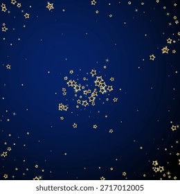 Estrelas cintilantes espalhadas aleatoriamente, voando, caindo, flutuando.  Conceito de celebração de Natal. Ilustração vetorial de estrelas festivas sobre fundo azul escuro.