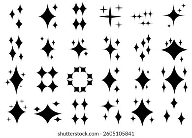 Twinkle templates stars. Collection of different vector sparkling stars icon. Decorative twinkle forms. Set of original star sparkle shapes. Abstract shine effect vector sign. Black twinkle star.