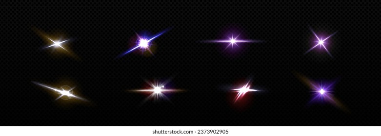 Twinkles and flares with glowing effect on black background. Realistic vector set of luminous star flash or bright camera lens glare and reflex. Starburst sparkle with radiance gleam and beam.