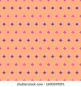 Twinkles seamless pattern on peach orange background. Abstract pattern with cute pink, purple and blue stars in flat cartoon style. Vector illustration.
