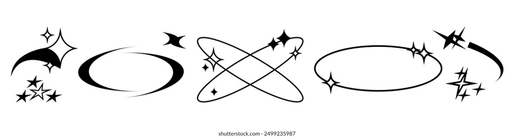 Brilla y brilla, el Vector aisló los marcos vacíos con el polvo de estrellas y el chispeante. Decoración minimalista para carteles y tipografía, diseño de bordes, óvalos redondeados con espacio de copia, estilo monocromo