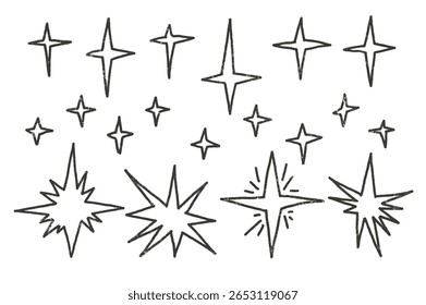Twinkles y2k conjunto de carvão. Estrelas da faísca esboçam. Formas de brilho de espaço e blings doodle pack. Cometas e piscando. Vetor mão desenhada lápis preto desenhado ilustração isolada no fundo branco.